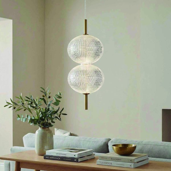 Luminaire LED suspendu SALMA double tulipe acrylique et doré, lumière chaude réglable, idéal pour salons et salles à man